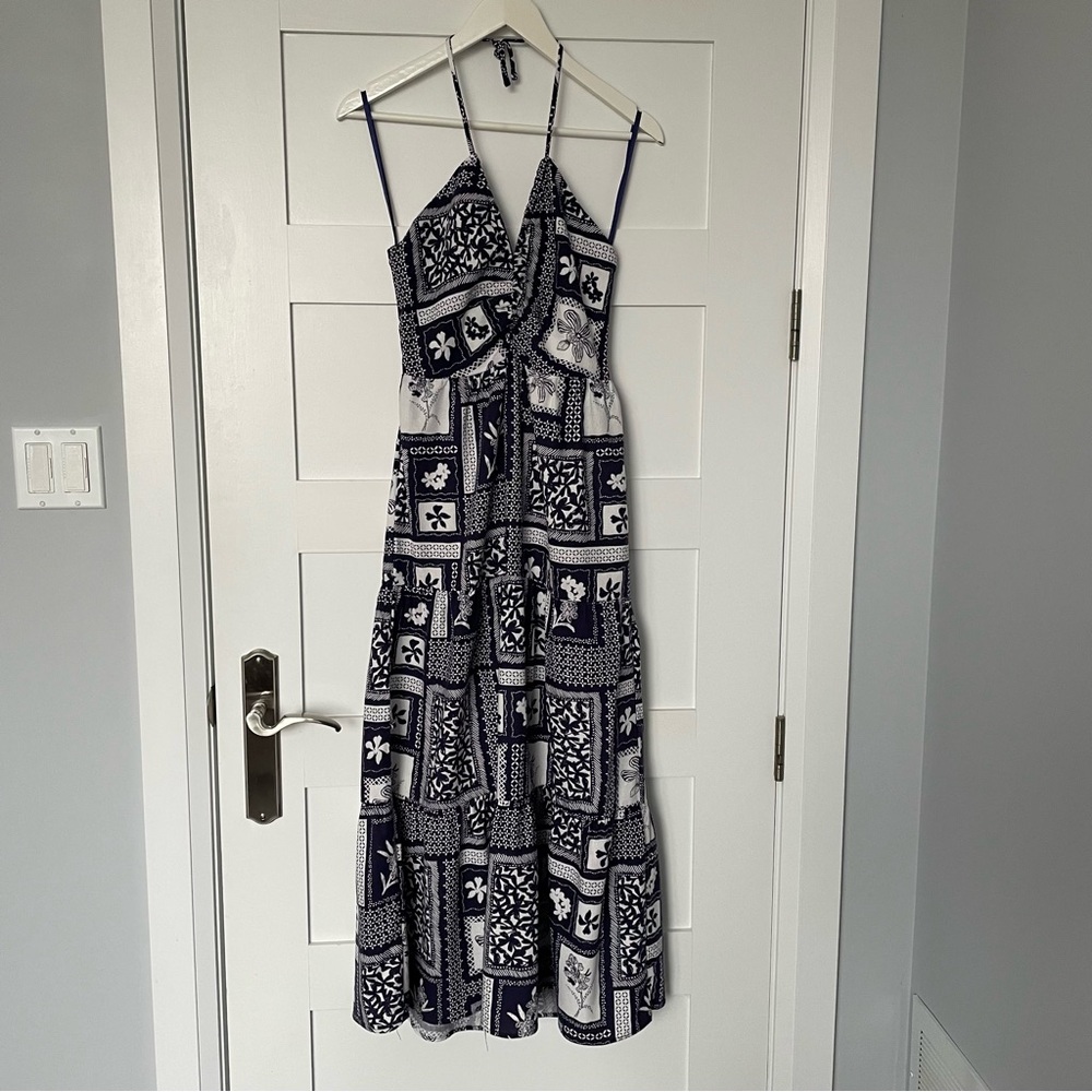 Navy and White Patterned Maxi Dress by Montenau Los Angeles